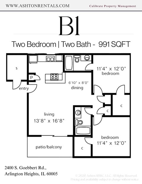 Floor plan for 2 beds, 2 baths, 991 sqft